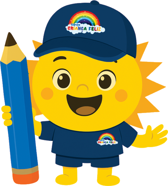 Mascote sol da Espaço Criança Feliz segurando um lápis